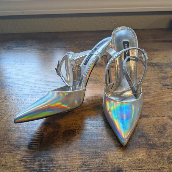 Metallic heels with rhinestone wrap around straps. - Picture 2 of 5